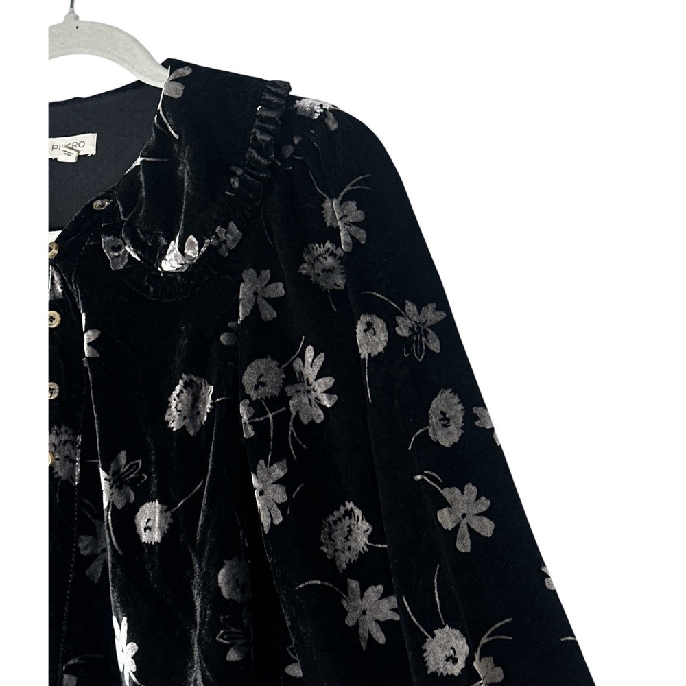 Pilcro By Anthropologie Top Women's XS Black Floral Velvet Long Sleeve Button - Picture 8 of 11